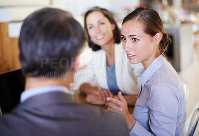Buy stock photo Teamwork, talking or business people in meeting, conversation or discussion in boardroom or office. Listening, colleagues speaking or employees planning for support, feedback report or group project