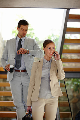 Buy stock photo Man, woman and phone call to communicate with company administrator on progress of deal, agreement or negotiation. Business people, and mobile talking to assistant, colleague or corporate partner