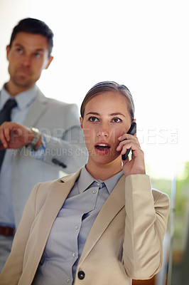 Buy stock photo Business woman, in shock or surprise phone call with management annoyed, distressed and upset at deal. Employees, talk or communicate on mobile for progress update, news and deadline in awe of result