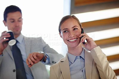 Buy stock photo Business people, phone call and communicate with management for deal, negotiation or agreement. Man, woman and happy talking to assistant for campaign results, career prospects or company growth 
