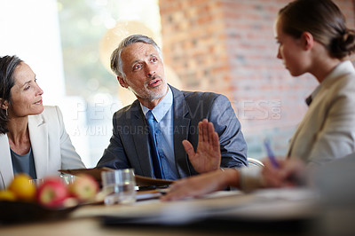 Buy stock photo Conversation, consulting or business people in meeting for discussion, networking or talking in workplace. Senior manager, company or mature man speaking of planning, mentorship or teamwork in office