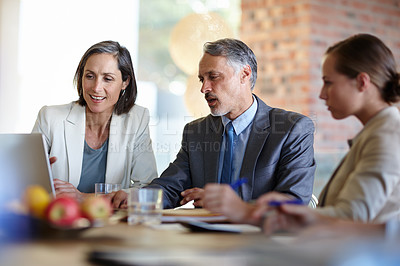 Buy stock photo Business people, meeting and laptop with planning in office for corporate project, discussion and collaboration. Professional, employees and communication in boardroom with brainstorming and feedback
