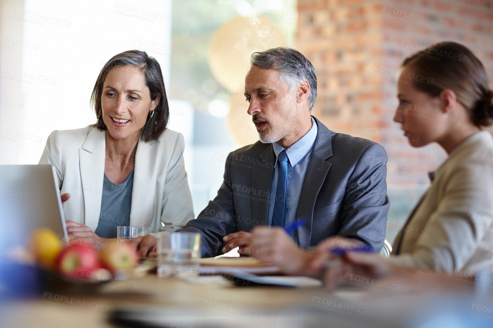 Buy stock photo Business people, meeting and laptop with planning in office for corporate project, discussion and collaboration. Professional, employees and communication in boardroom with brainstorming and feedback