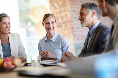 Buy stock photo Business people, meeting and happy with planning in office for corporate startup, discussion and collaboration. Professional, employees and laughing in boardroom with funny brainstorming or feedback 