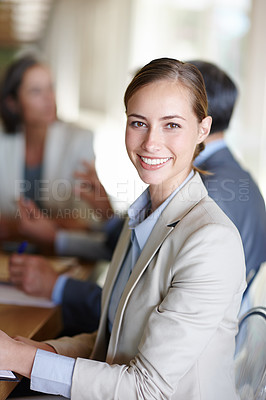 Buy stock photo Businesswoman, meeting and company office in portrait with people for business, planning and strategy. Corporate woman, conference and smile in workplace with table for working, idea and career