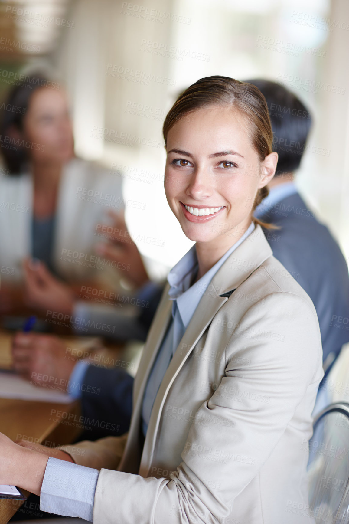 Buy stock photo Businesswoman, meeting and company office in portrait with people for business, planning and strategy. Corporate woman, conference and smile in workplace with table for working, idea and career