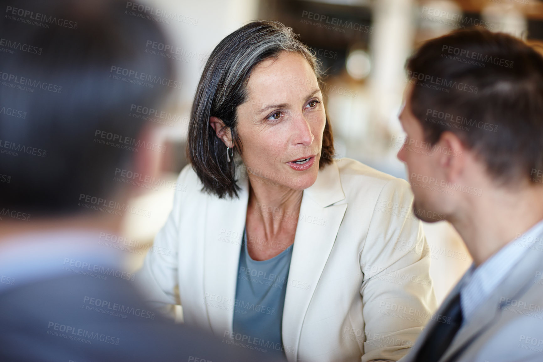 Buy stock photo Business people, discussion or meeting in office for corporate project or collaboration on work. Mature woman, young man and talking with mentor of franchise idea and entrepreneur of startup company