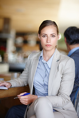 Buy stock photo Serious woman, portrait or business people in meeting with pride, notes or confidence in boardroom. Teamwork, colleagues or employees planning strategy, feedback report or group project together 