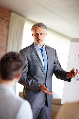 Buy stock photo Business, presentation and mature man in office with whiteboard for financial training, faq or teaching. Meeting, review and male corporate coach with mind map for team motivation, objectives or goal