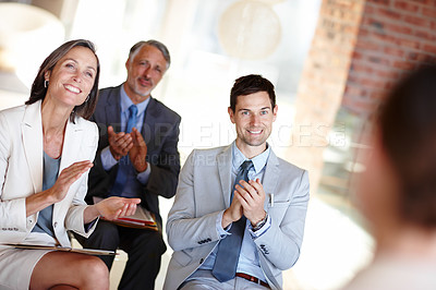 Buy stock photo Men, woman and applause colleague with pride in boardroom for achievement, promotion and work results. Business people, speaker and team training for corporate, startup and collaboration in office