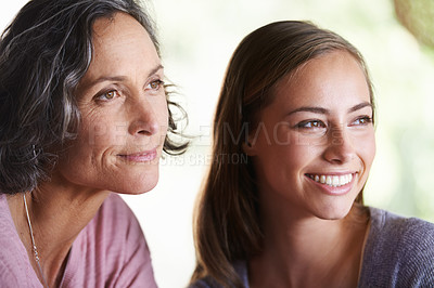 Buy stock photo Mama, girl and love thinking and care outside, mothers day with generations spending time together in nature for bond. Daughter, support and trust and ideas for fun activity, happy woman and smile