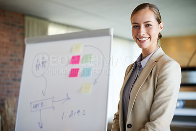 Buy stock photo Business woman, portrait or presentation in office for training or mindmap on whiteboard. Young consultant, happy and face with sticky notes for project management, scrum and productivity in company