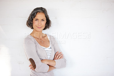 Buy stock photo Mature woman, portrait and confidence in studio with background for positivity, smile and style. Confident, happy and face of senior female person with pride for fashion, optimist and retirement 