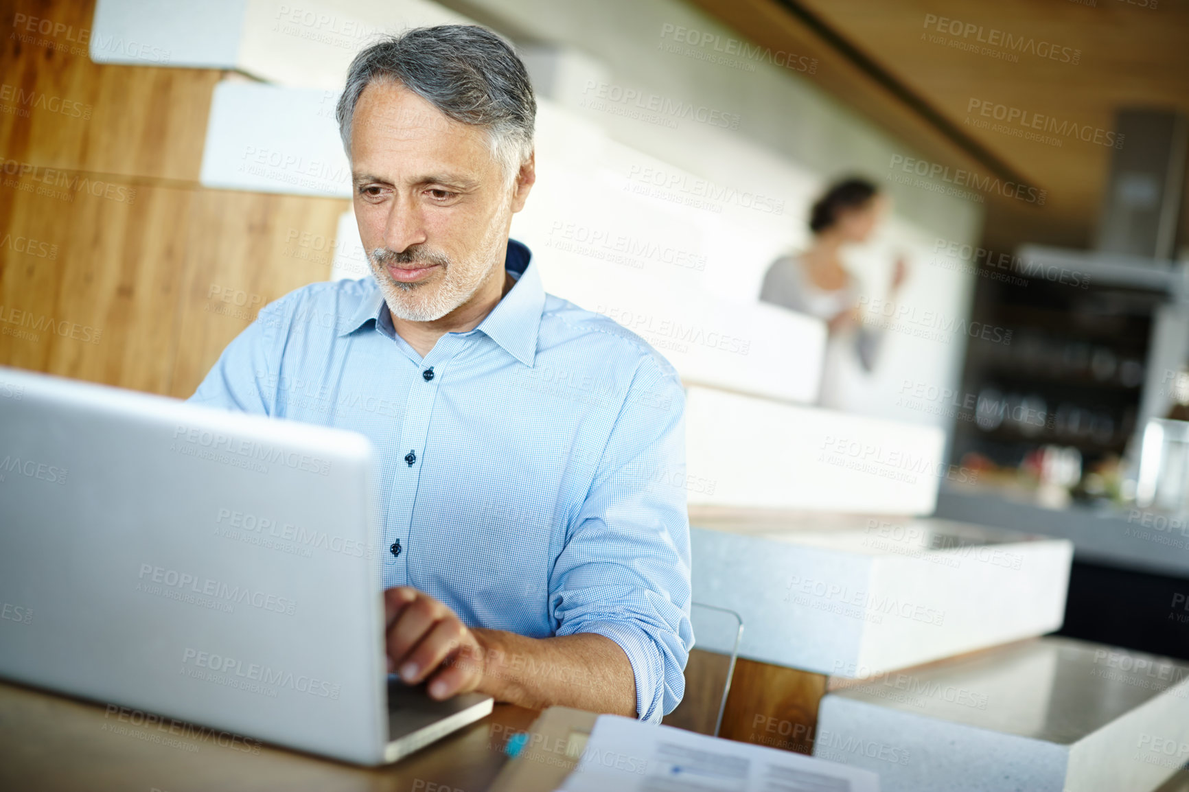 Buy stock photo Mature, businessman and laptop for remote work with online research and technology for project. Entrepreneur, computer and digital connection for startup company and business growth on social media