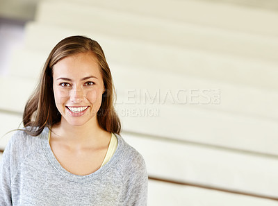 Buy stock photo Happy, relax and portrait of woman in home for peace, calm and chill on weekend afternoon. House, living room and face of person with joy, confidence and pride on holiday, vacation and free time