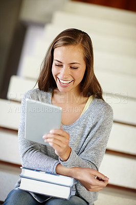 Buy stock photo Student, woman and books with tablet, smile and learning for education, app and campus. Female person, touchscreen and textbook for studying, development and happy with online course on stairs
