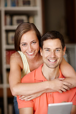 Buy stock photo Couple, portrait and happy in home with tablet for streaming online for movies or films, videos and social media memes. Man, woman and together with hug for bonding or love with affection and support