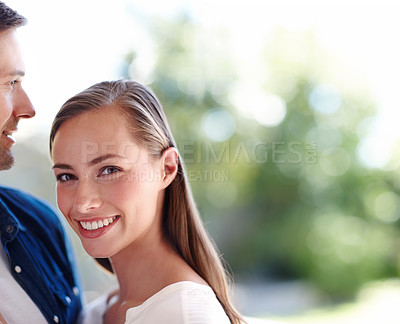 Buy stock photo Man, woman and smile or together in outdoor on vacation, peaceful or anniversary with mockup. Couple, holiday house and happy in portrait for relationship or bonding, love or romance in Texas or USA