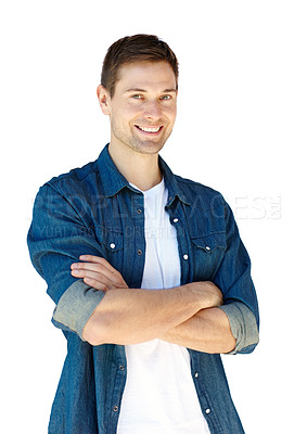Buy stock photo Portrait, confident or man to smile at fashion, design or startup in casual, denim or clothing. Business owner, arms crossed or proud of jeans, apparel or cool trend as style on white background