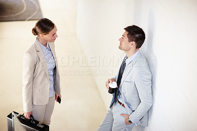 Buy stock photo Businessman, businesswoman and conversation with coffee, office and briefcase in workplace. Businesspeople, employees and company in business, sector and corporate for collaboration or discussion