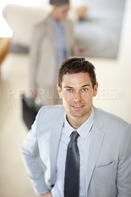Buy stock photo Businessman, corporate portrait and smile in workplace with career confidence, startup pride and mockup space. Entrepreneur, employee and happy in a suit in company building for professional service