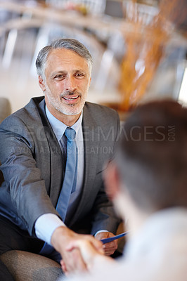 Buy stock photo Handshake, manager and businessman in office for teamwork, partnership or collaboration in boardroom. Introduction, recruitment and shaking hands for negotiation, agreement or company onboarding