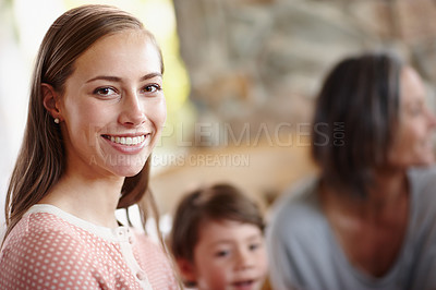 Buy stock photo Portrait, home and mother with family, relax and smile with happiness and bonding together in a living room. Face, kid and grandmama with mom and child with boy and cheerful with joy, peaceful or fun