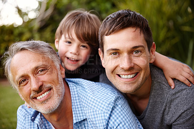 Buy stock photo Happy family, father and grandfather or child with portrait outdoor with relax, summer holiday and bonding. Love, parents and face of boy kid in garden or backyard of home with happiness, care or hug