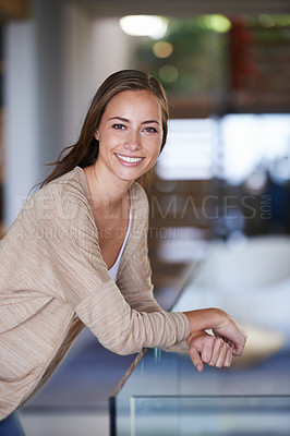 Buy stock photo Portrait, woman and smile in office with railing, happy and break for rest in company workplace. Confident, American and natural female person in business administration standing and relaxed