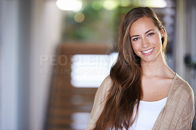 Buy stock photo Portrait, home and smile with woman, fashion and cheerful with joy and stylish clothes with peace. Calm, weekend break and apartment with casual outfit and person with long hair and beauty with break