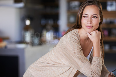 Buy stock photo Thinking, woman and smile in office with idea, happy and break or relax in company workplace. Confident, American and female person with memory in business with administrator staff or professional