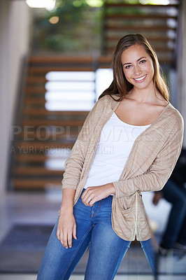 Buy stock photo Portrait, woman and happy in office with railing, smile and break for rest in company workplace. Confident, American and natural female person in business administration standing and relaxed