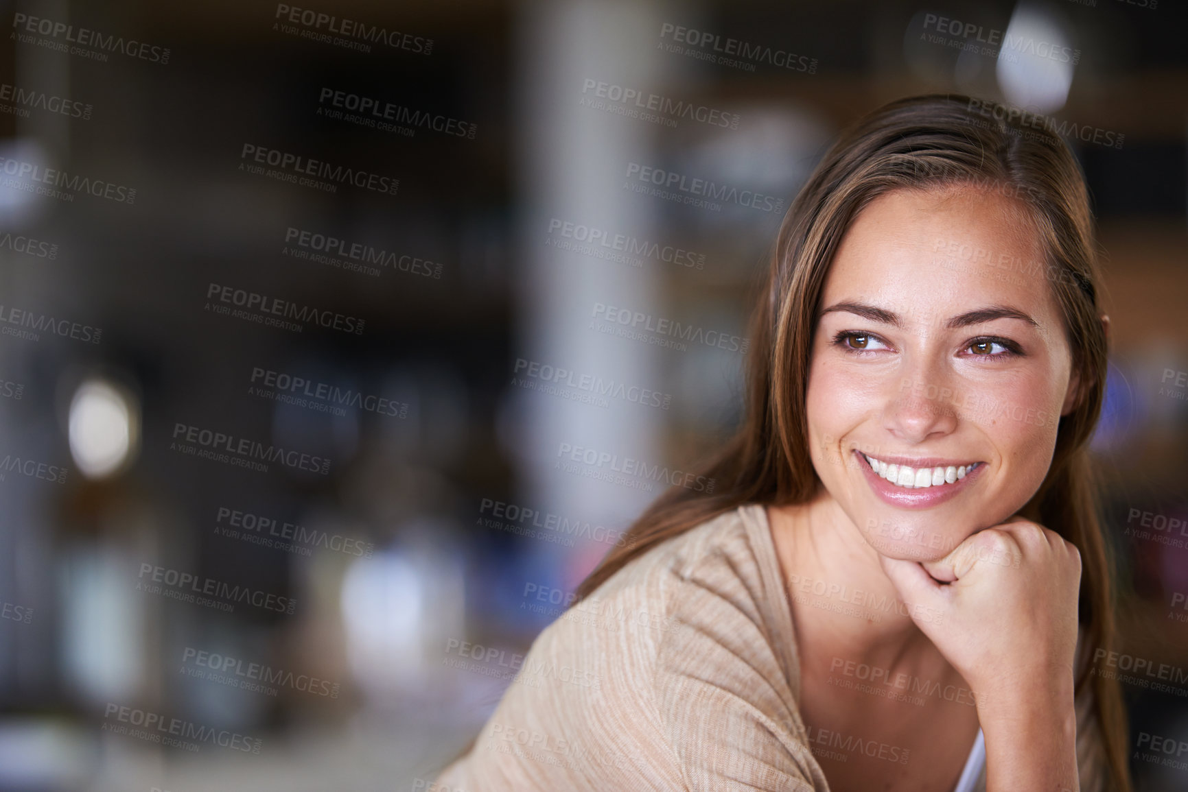 Buy stock photo Home, thinking and woman with smile, decision and mindfulness with peace in living room. Person, apartment and wonder with happy girl and cheerful lady with ideas and thoughts with solution or choice