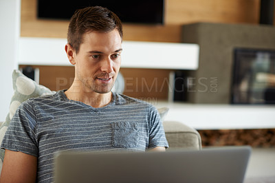 Buy stock photo Online, remote work and man on sofa with laptop for working from home, freelance job and career.  Business, startup and person on computer for typing email, planning or internet research on website