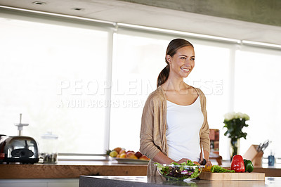 Buy stock photo Woman, kitchen and vegetables for nutrition or healthy meal, diet and food preparation for cooking. Female person, home and fresh produce for salad or vegan dinner, organic ingredients and vitamins