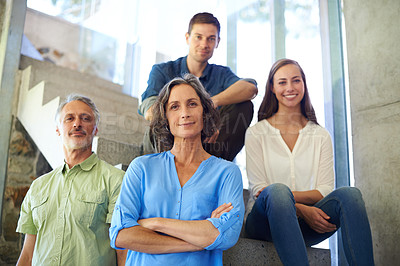 Buy stock photo Portrait, family or stairs in real estate, property or investment as confidence in wealth management. Mature man, woman or adult kids in pride as new home owner in modern, residence or purchase