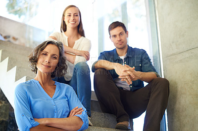 Buy stock photo Portrait, family and stairs with confidence in real estate, property or investment together at home. Mature mother with young adults in pride, new house or ownership of modern residence or purchase