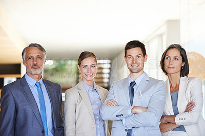 Buy stock photo Portrait, women and men with pride in workplace for career, start up business and enterprise. Corporate people, teamwork and collaboration in office for workforce, professional and management.