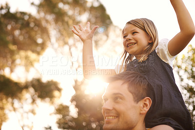 Buy stock photo Shoulder, support or father and daughter in a park with hands up, freedom or fun, bonding and sunset adventure. Love, energy and dad carrying girl child in a forest for travel, explore or learning