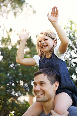 Buy stock photo Shoulders, outdoor or father with daughter, child or playing with fun, sunshine or vacation with happiness. Single parent, park or dad carrying kid with girl or cheerful with holiday or weekend break