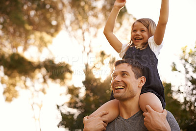 Buy stock photo Support, shoulders or father and daughter in a park with hands up, freedom or fun, bonding and sunset adventure. Love, energy and dad carrying girl child in a forest for travel, explore or learning