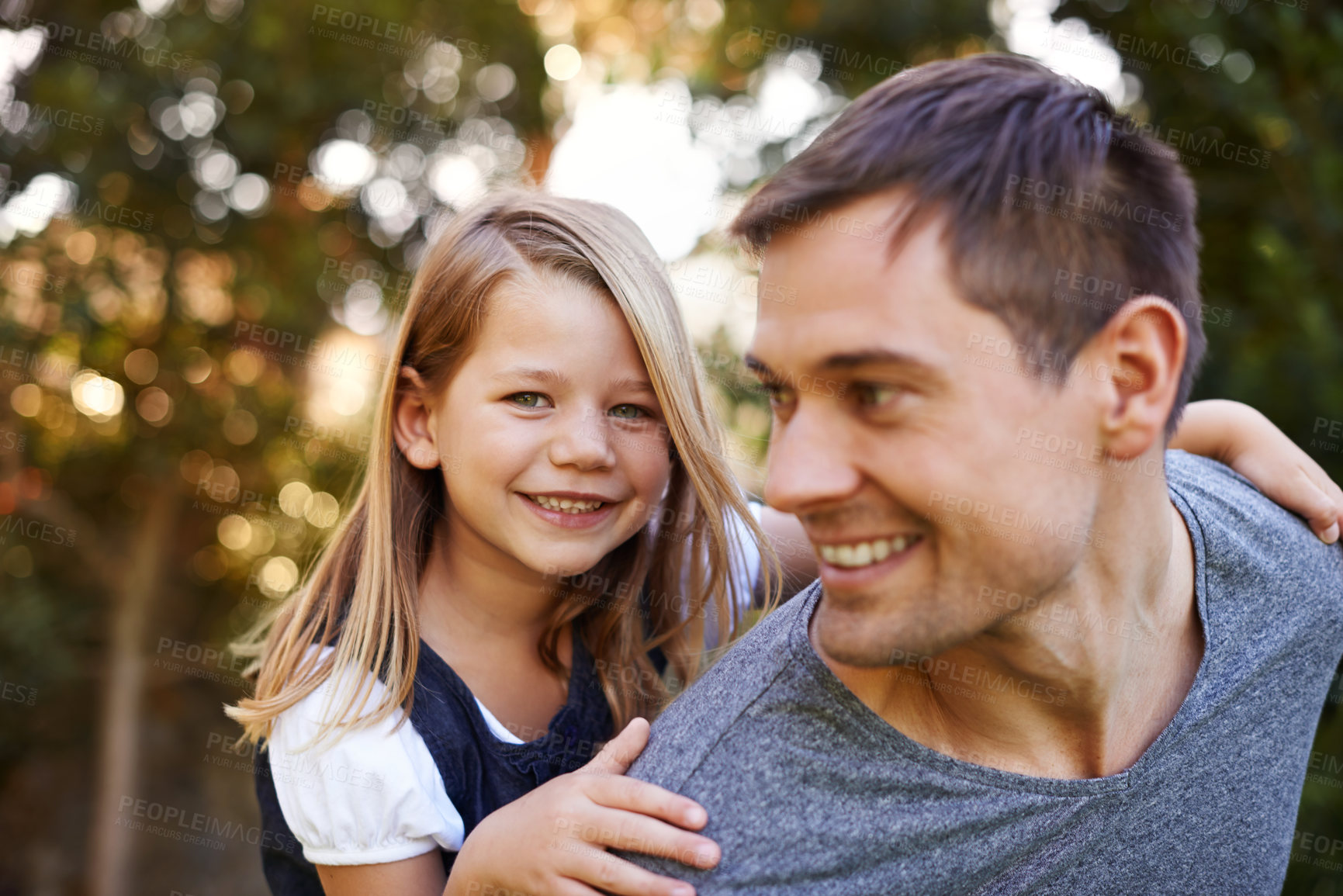 Buy stock photo Piggy back, park and father with girl, kid or holiday with fun, smile or vacation with happiness. Single parent, joy or dad carrying child with girl or sunshine with weekend break or bonding together