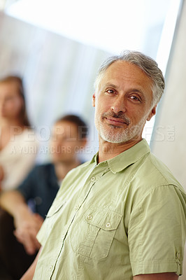 Buy stock photo Senior, man and pride with portrait for relax in home for retirement, holiday and vacation with confidence. Mature person, face and smile for family getaway with beard, house and casual outfit