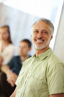Buy stock photo Senior, man and smile with portrait for relax in home for retirement, holiday and vacation with confidence. Mature person, face and happy for family getaway with pride, grey hair and casual outfit
