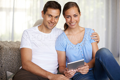 Buy stock photo Couple, woman and man with tablet, portrait and relax with partner, girl and girlfriend in patio of home. Summer, internet and female person online for search of resort or hotel for date in holiday