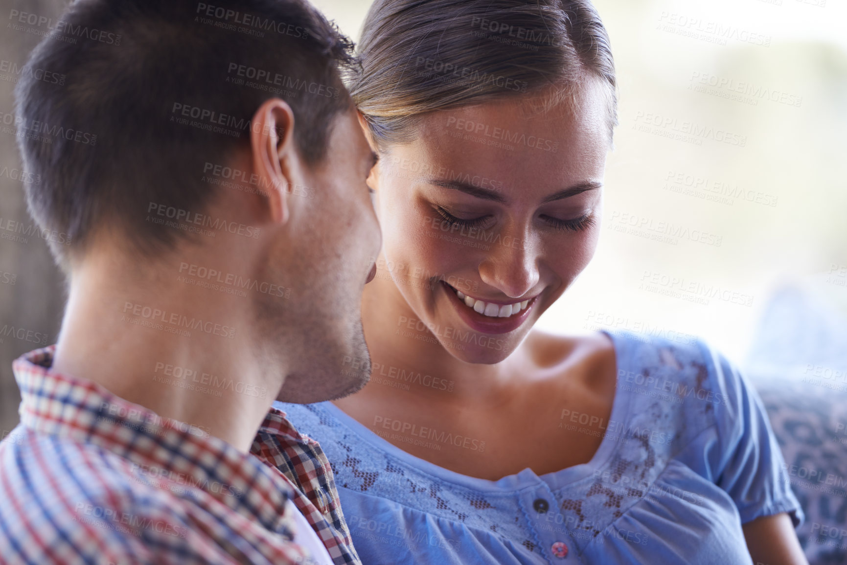 Buy stock photo Home, couple and conversation on couch for love, marriage and romance or care in living room. Happy people, talking and smile for pride in relationship or commitment, loyalty and connection on date