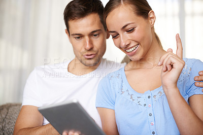Buy stock photo Couple, woman and man with tablet, choice and relax with partner, girl and girlfriend in lounge of home. Summer, internet and female person online for search of resort or hotel for date in holiday