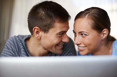 Buy stock photo Couple, woman and man with laptop, lounge and relax with partner looking at girl and girlfriend in home. Summer, internet and female person online for search of resort or hotel for date in holiday