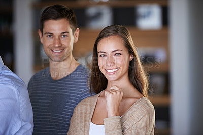 Buy stock photo Designer, portrait and people in home office for business meeting with client for startup, teamwork and work. Worker, face and employee in workplace for partnership, collaboration and creative design