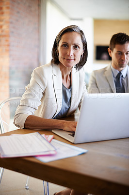 Buy stock photo Senior woman, portrait or business people in meeting with laptop, notes or confidence in boardroom. Teamwork, mature manager or confident employee planning strategy, feedback report or group project